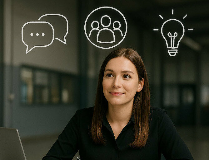 A person sitting at a desk with floating icons representing soft skills like communication, teamwork, and problem-solving.
