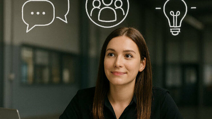 A person sitting at a desk with floating icons representing soft skills like communication, teamwork, and problem-solving.