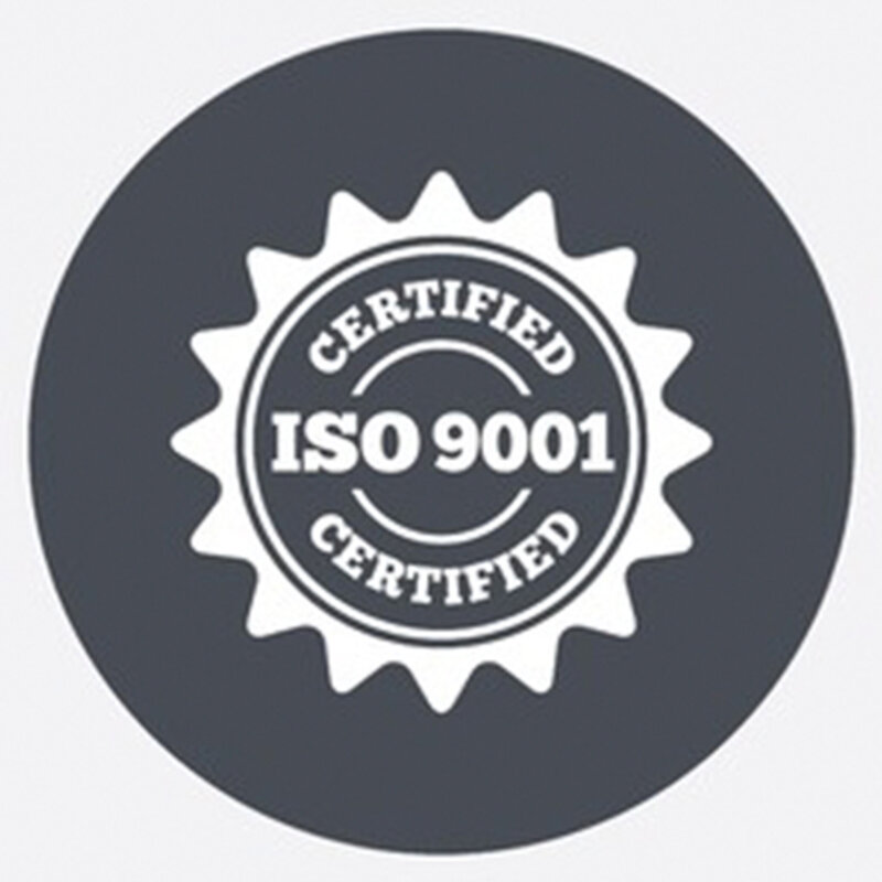 weba Werkzeugbau - ISO 9001 Zertifizierung Ein Patch auf grauem Hintergrund mit den Worten 'ISO 9001 Certified'.
