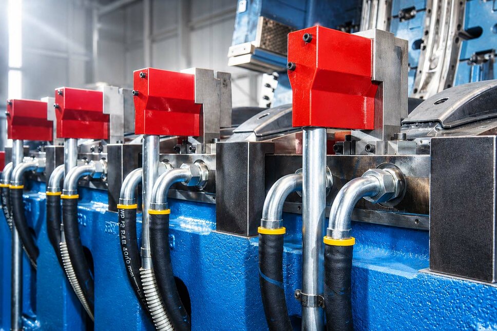  Close-up of a blue hot forming tool for the production of quadruple-folding bumpers by weba Werkzeugbau, expert for toolmaking solutions in automotive industry.