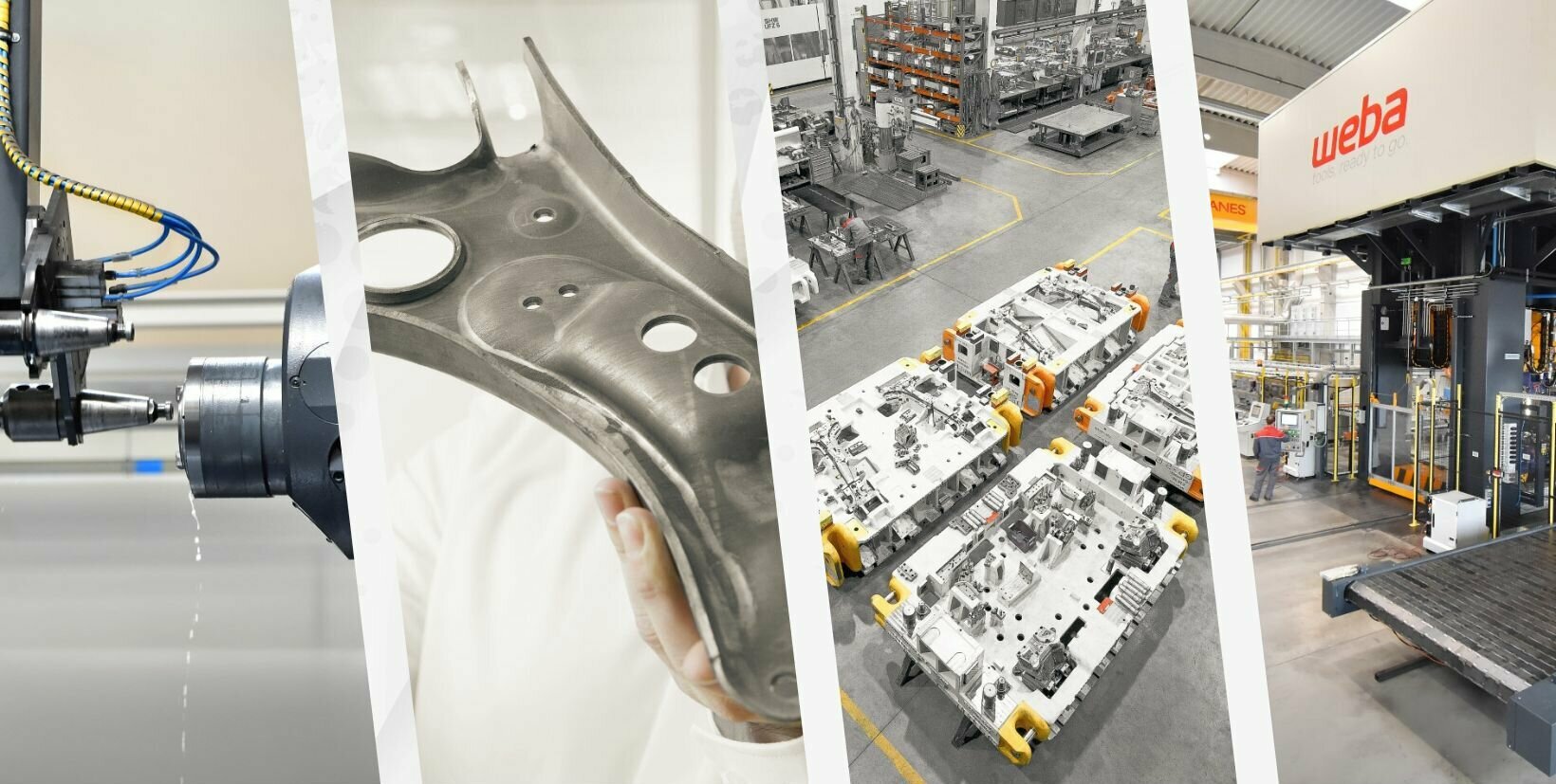 Blick in den Werkzeugbau von weba: CNC-Bearbeitung, Bauteilprüfung, Werkzeugsätze und Warmumformpresse in moderner Fertigungshalle.