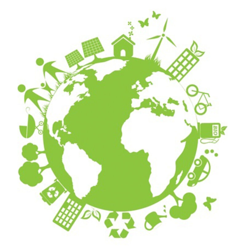 weba Werkzeugbau - Umweltmanagement ISO14001 Zertifizierung Zeichnung der Erde in grün/weiß, umgeben von einer Strichmännchen-Familie, einem Fahrrad, Bäumen, einem Windrad, einem Auto, einem Recycling-Symbol und Schmetterlingen.