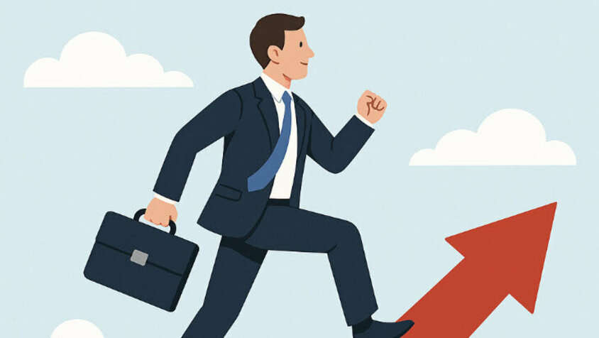 Illustration of a businessman with a briefcase climbing an upward arrow, symbolizing progress and success in the first 100 days in a new job.