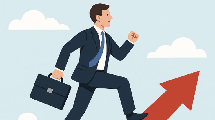 Illustration of a businessman climbing a red arrow – symbolizing a successful start in a new job