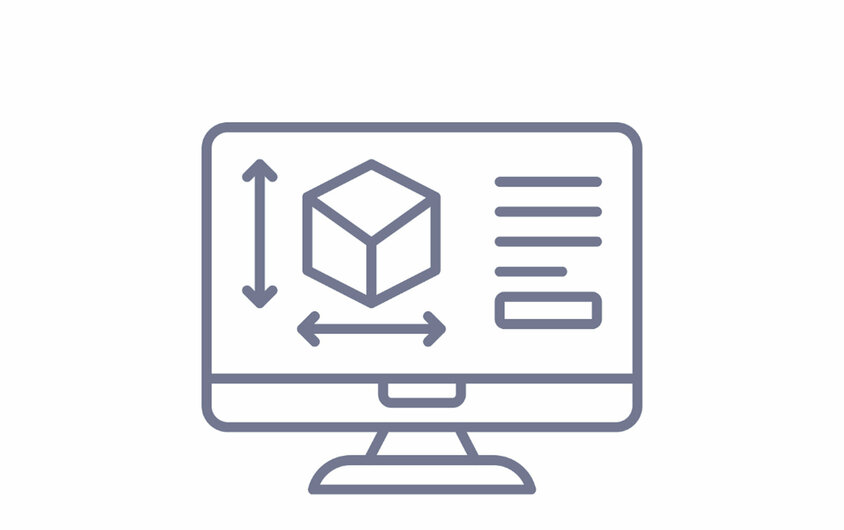 Engineering Symbol graphic of a monitor with 3D model and dimensioning - stands for engineering and design in toolmaking at weba.