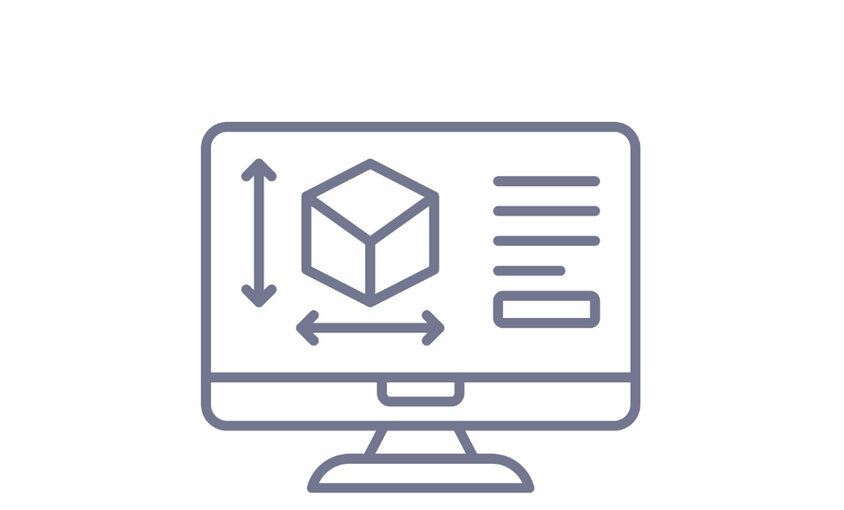 Symbolgrafik eines Monitors mit 3D-Modell und Bemaßung – steht für Engineering und Konstruktion im Werkzeugbau bei weba.