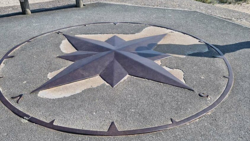 Windrose auf einer Plattform mit Blick auf Dünenlandschaft und Meer, Spaziergänger im Hintergrund auf einem Küstenweg.