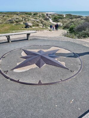 Compass rose on a platform overlooking dunes and the sea, with walkers in the background along a coastal path.
