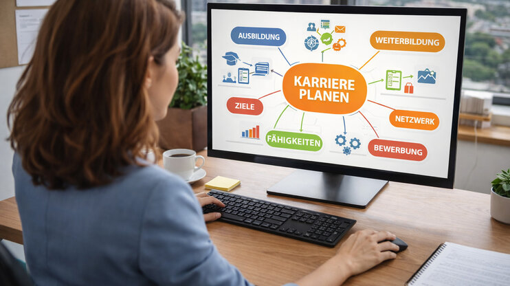 Woman sitting at a desk in an office, working on a computer on a mind map for career planning with topics such as education, goals, network, and skills