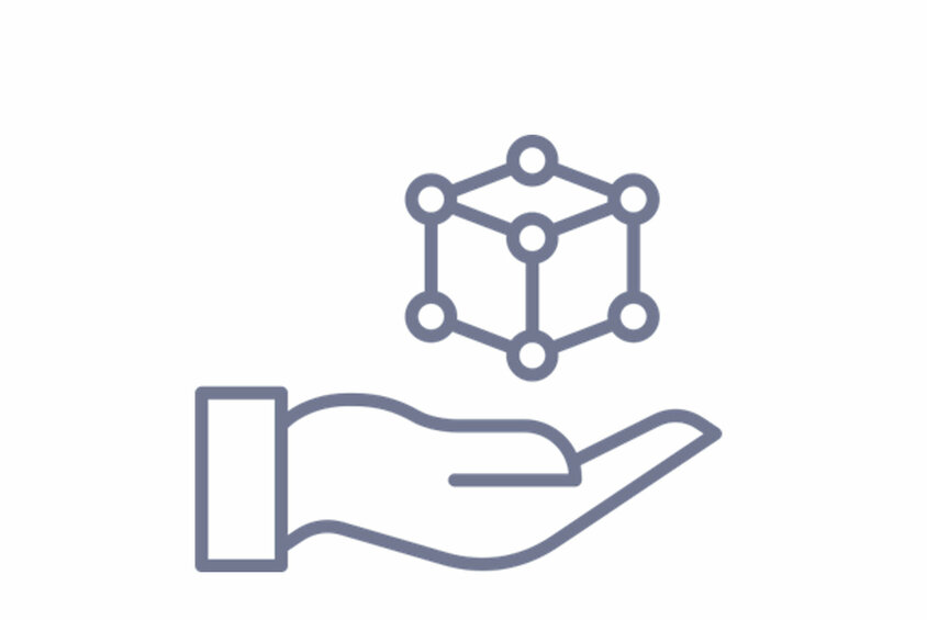 Prototyping Symbol graphic of a hand holding a networked 3D model - stands for innovation, development and prototyping in toolmaking at weba.