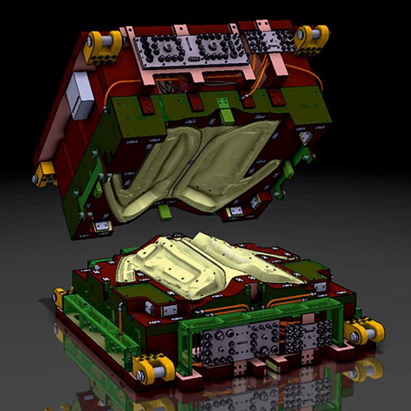 weba Werkzeugbau - CAD Konstruktion eines Umformwerkzeuges Eine 3D-Konstruktion eines Umformwerkzeuges (Oberteil und Unterteil) für die Produktion von Innentüren aus Carbon, präsentiert vor einem linear-abgestuften schwarz-grauen Hintergrund mit der Spiegelung des Werkzeuges auf dem Grund.