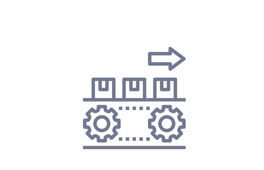 Parts and series production Symbol graphic of a conveyor belt with cogwheels and boxes - stands for series production and parts production at weba.