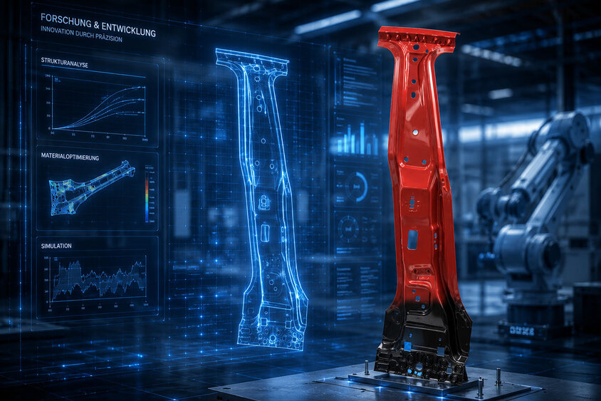 Eine warmumgeformte B-Säule eines Fahrzeugs mit tailierter SoftZone produziert von weba Werkzeugbau 