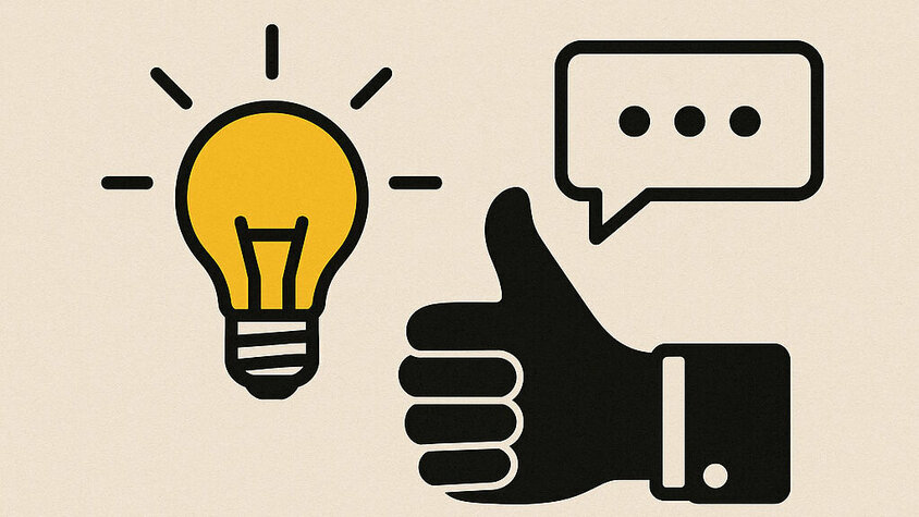 Symbolgrafik mit Glühbirne, Daumen hoch und Sprechblase, dazu Text „Gute Ideen willkommen“.