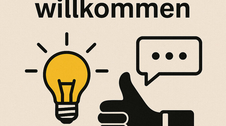 Symbol graphic with lightbulb, thumbs up, and speech bubble, plus text “Good ideas welcome.”