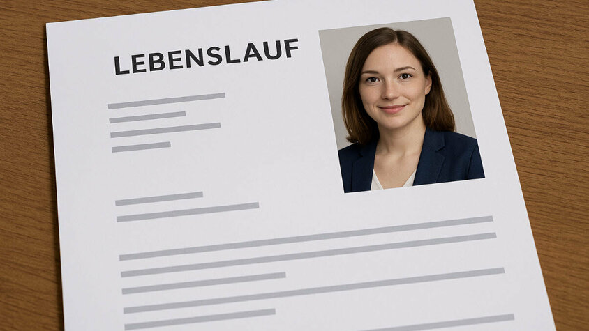 Lebenslauf auf einem Holztisch mit professionell eingefügtem Bewerbungsfoto einer jungen Frau im Blazer oben rechts auf dem Dokument.