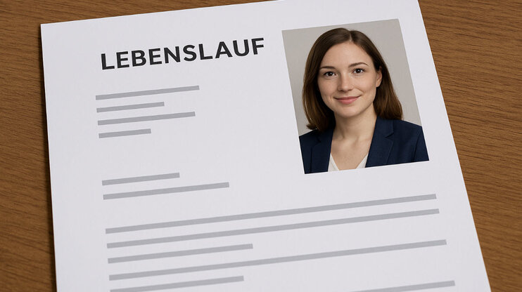CV on a wooden table with a professionally inserted application photo of a young woman in a blazer, positioned at the top right of the document.