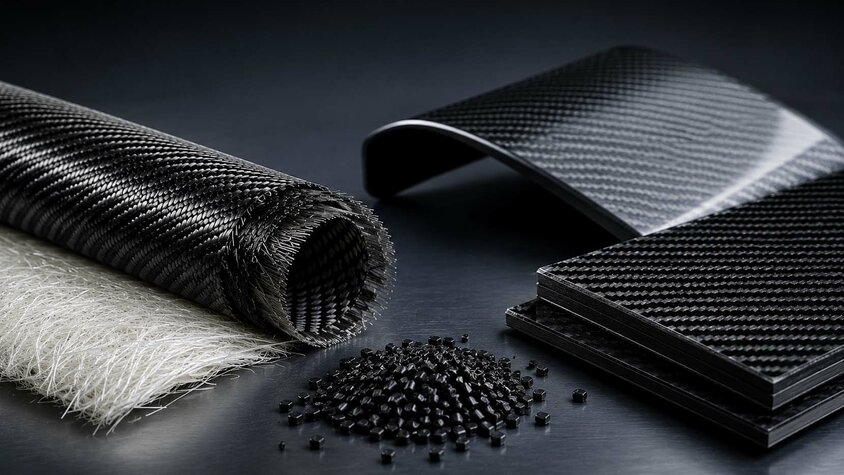 Rolle aus Carbonfasergewebe, Glasfasermatte, Carbonlaminate und Kunststoffgranulat als Materialien für moderne Composites und Faserverbundwerkstoffe.