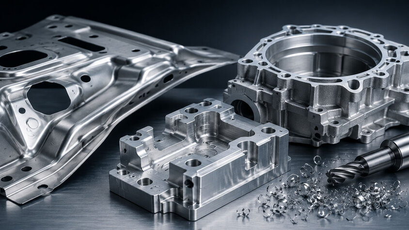 Geformtes Aluminiumblech, CNC-gefrästes Bauteil und Aluminiumgehäuse mit Fräser und Spänen