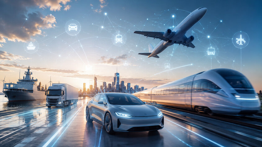 Futuristische Mobilitätsszene mit Elektrofahrzeug, Hochgeschwindigkeitszug, LKW, Schiff und Flugzeug vor moderner Skyline. Digitale Netzwerke und vernetzte Verkehrssymbole stehen für innovative Mobilitätslösungen und Zukunftstechnologien in den Bereichen Automotive, Rail, Aerospace und Logistics.