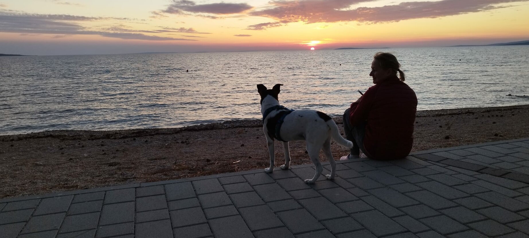 Klaudia sits on a beach walkway with her dog, looking out at the sea during sunset.