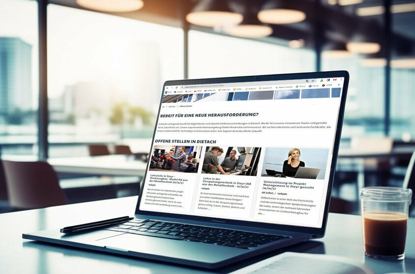 A laptop on a table, with the weba Werkzeugbau job openings website displayed on its screen, provides insight into current jobs in Steyr and the company’s career opportunities. The laptop is situated in a bright office, and through the glass wall in the background, an elegant meeting table and several chairs are visible, indicating a modern and professional work environment. This image conveys a sense of an accessible and transparent career world at weba, with technology serving as a bridge between potential applicants and the company.