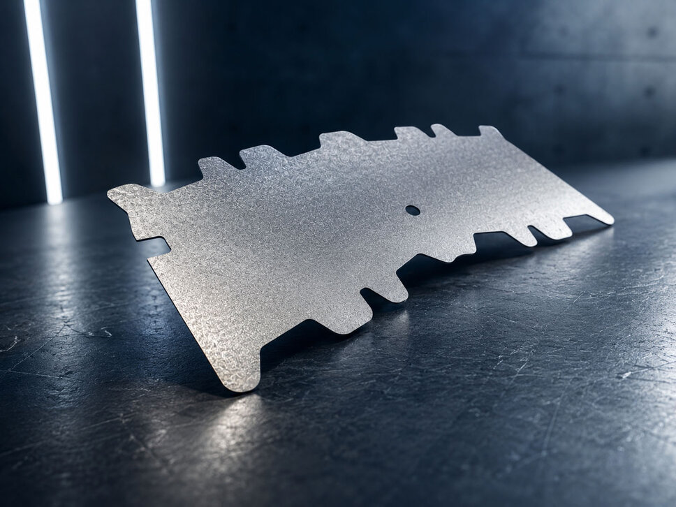 Maßgenaue Formplatine als präziser Blechzuschnitt für nachgelagerte Umformprozesse in der Automobil- und Umformtechnik.