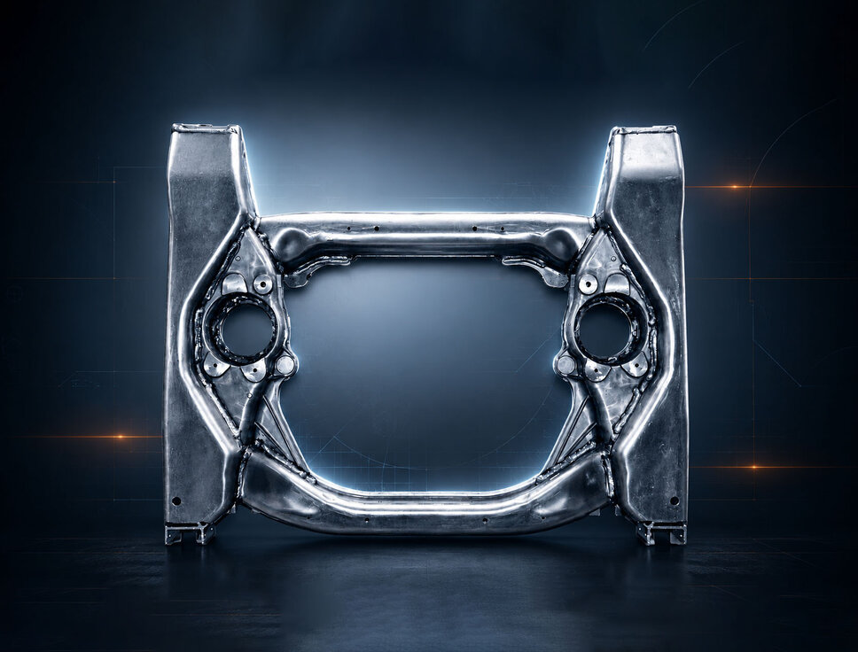 Umgeformtes Aluminium-Strukturbauteil mit komplexer Geometrie vor technischem Hintergrund