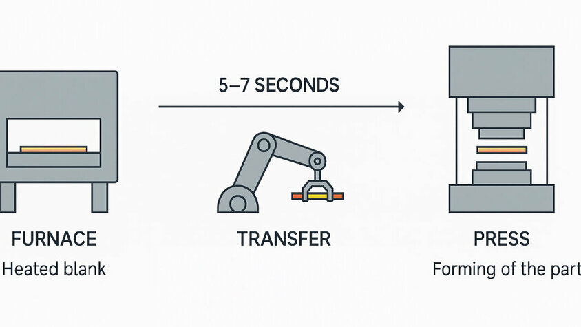 Schematische Darstellung des Warmumformprozesses mit Ofen, Transferarm und Presse.