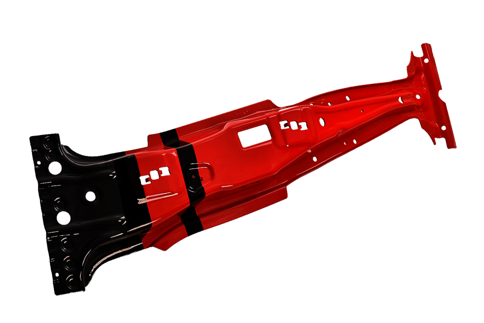 A hot-formed B-pillar made from TRB material, manufactured using the tailored tempering method of hot forming. The SoftZone and the material thickness transition are painted black, while the rest of the hot-formed component is painted red. The combined techniques in a single component illustrate weba’s expertise in hot forming.