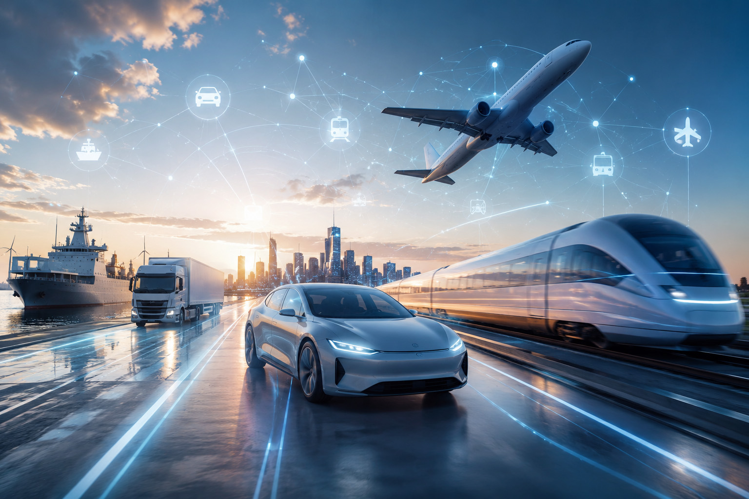 Futuristische Mobilitätsszene mit Elektrofahrzeug, Hochgeschwindigkeitszug, LKW, Schiff und Flugzeug vor moderner Skyline. Digitale Netzwerke und vernetzte Verkehrssymbole stehen für innovative Mobilitätslösungen und Zukunftstechnologien in den Bereichen Automotive, Rail, Aerospace und Logistics.