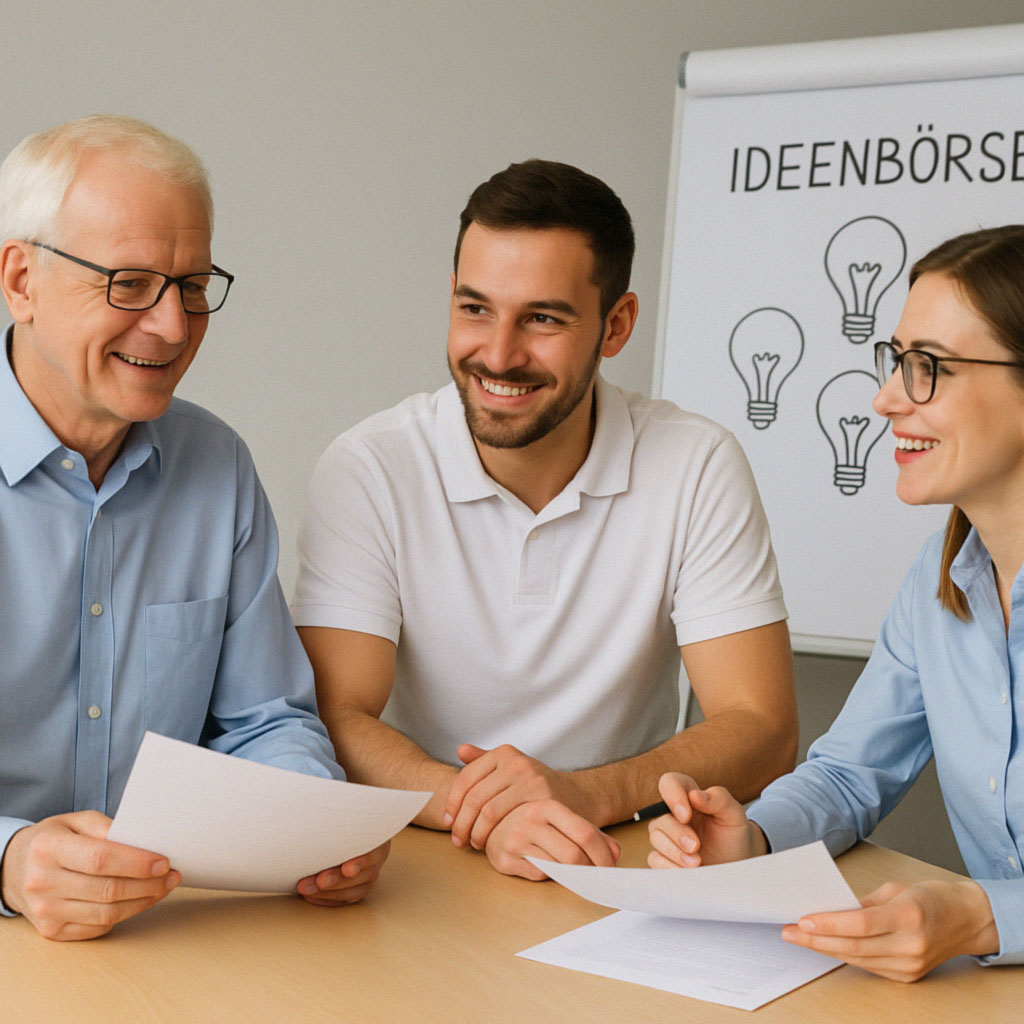 Drei Mitarbeiter sitzen an einem Tisch und diskutieren, im Hintergrund ein Flipchart mit der Aufschrift „Ideenbörse“ und gezeichneten Glühbirnen.