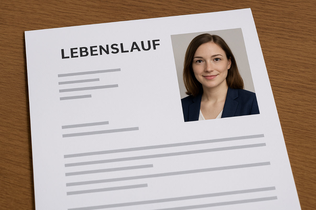 CV on a wooden table with a professionally inserted application photo of a young woman in a blazer, positioned at the top right of the document.