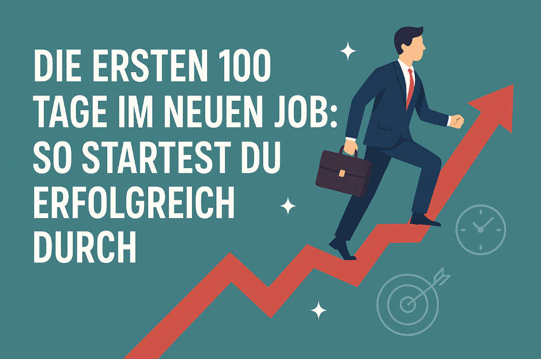 Illustration eines Geschäftsmanns, der auf einem roten Pfeil nach oben läuft – sinnbildlich für einen erfolgreichen Einstieg in den neuen Job