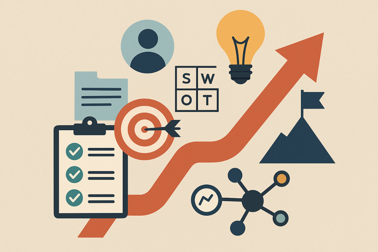 Illustration of career planning with symbols for goals, SWOT analysis, checklist, idea generation, and upward progression.